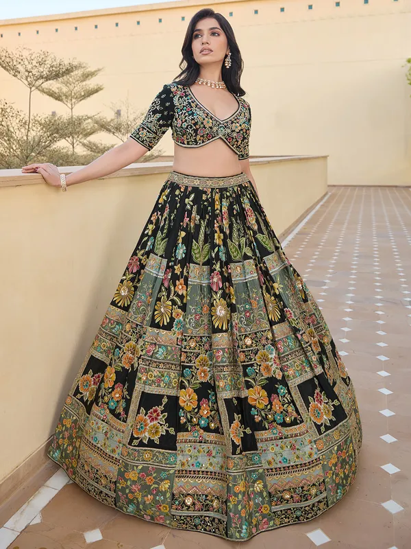 Attractive black silk wedding lehenga choli