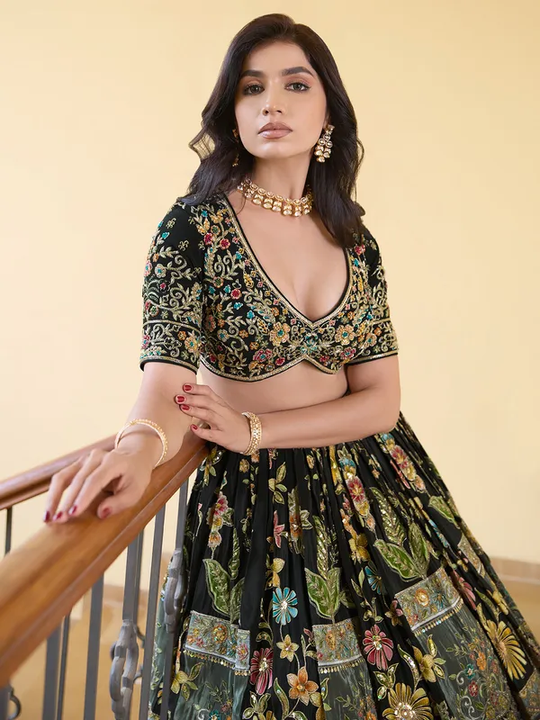 Attractive black silk wedding lehenga choli