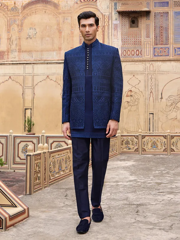 Attractive dark blue silk indowestern