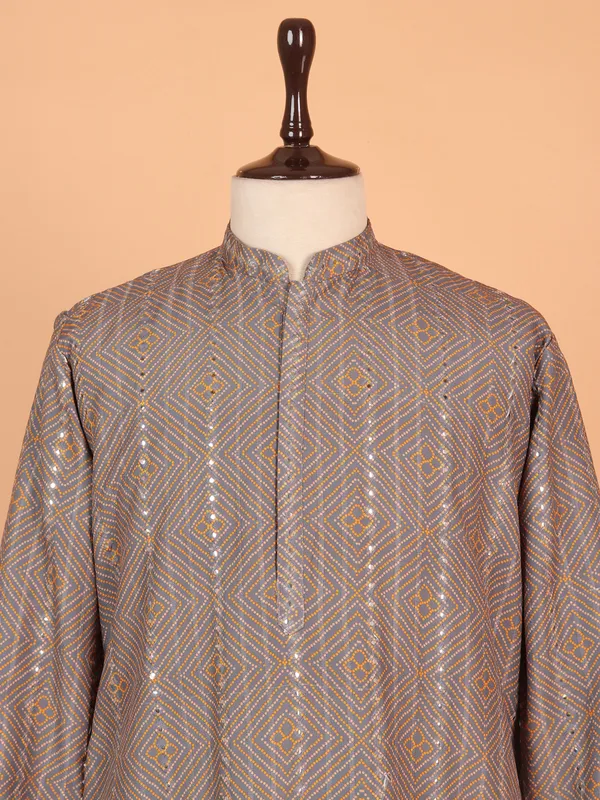 Attractive grey cotton kurta suit with print