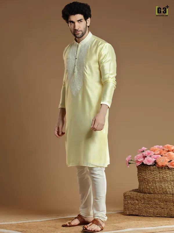 Attractive lime yellow silk  Men Kurta pajama for festivals