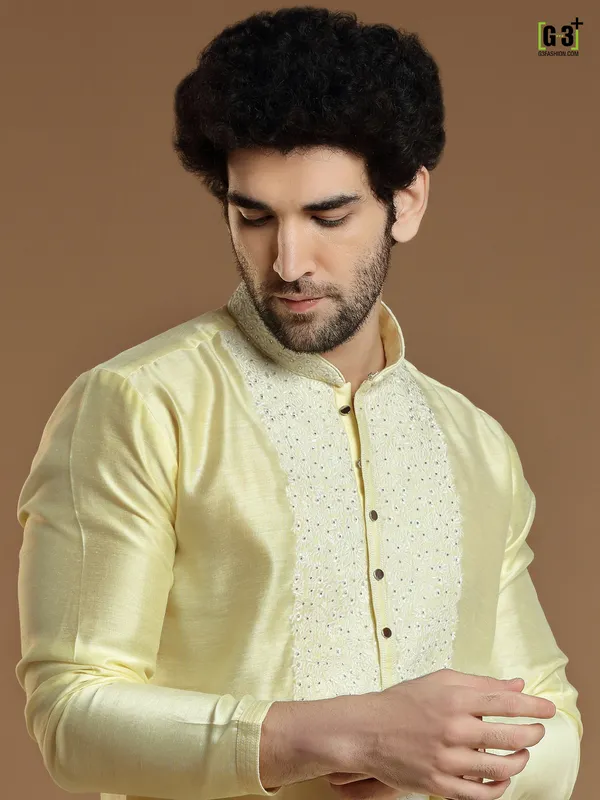 Attractive lime yellow silk  Men Kurta pajama for festivals