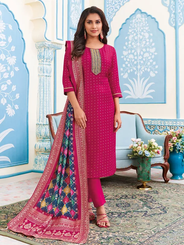 Attractive magenta silk straight cut salwar suit