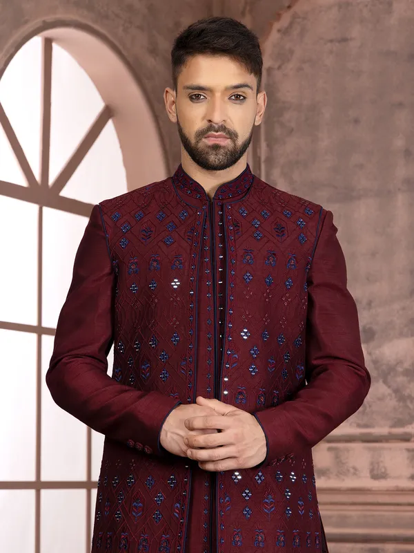 Attractive maroon silk indowestern