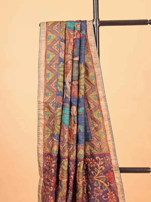 Attractive navy blue printed cotton saree