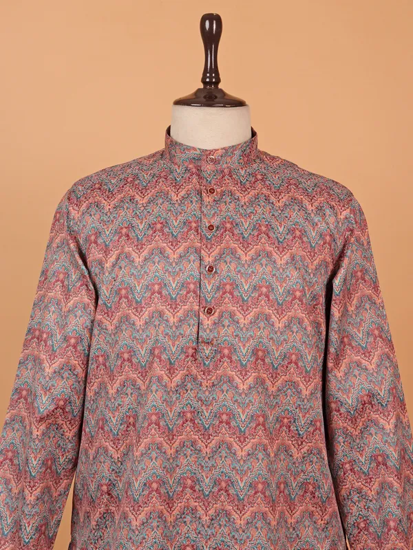 Attractive printed brown cotton kurta suit for men