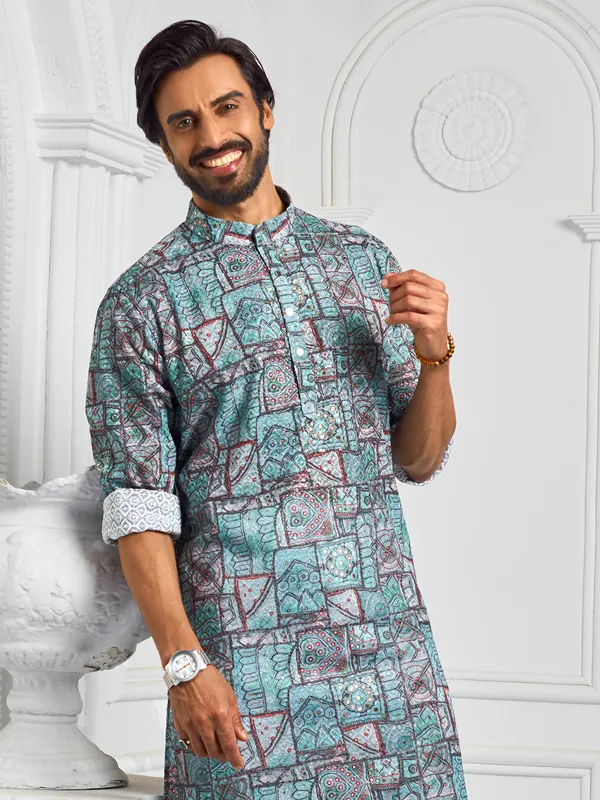 Attractive printed stone blue kurta