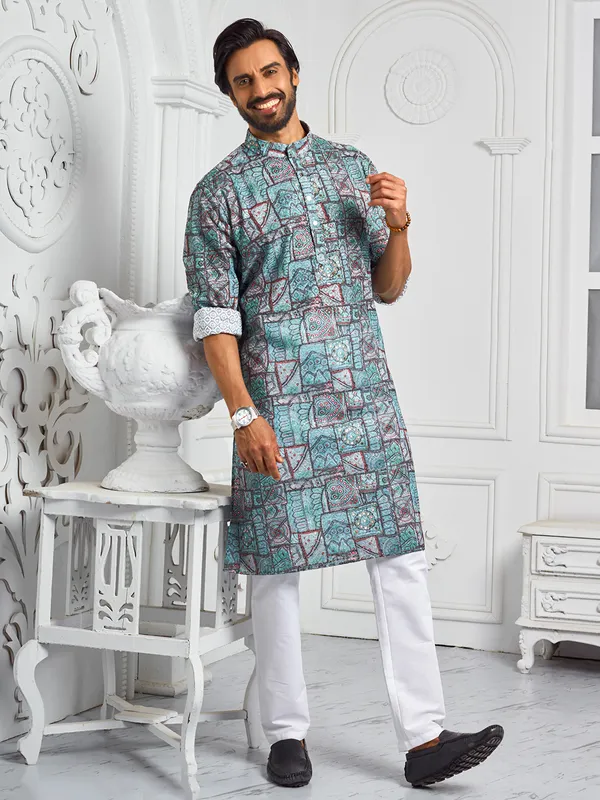 Attractive printed stone blue kurta