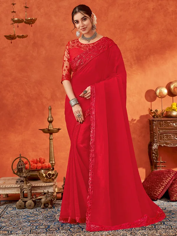 Attractive red chiffon saree for party-wear