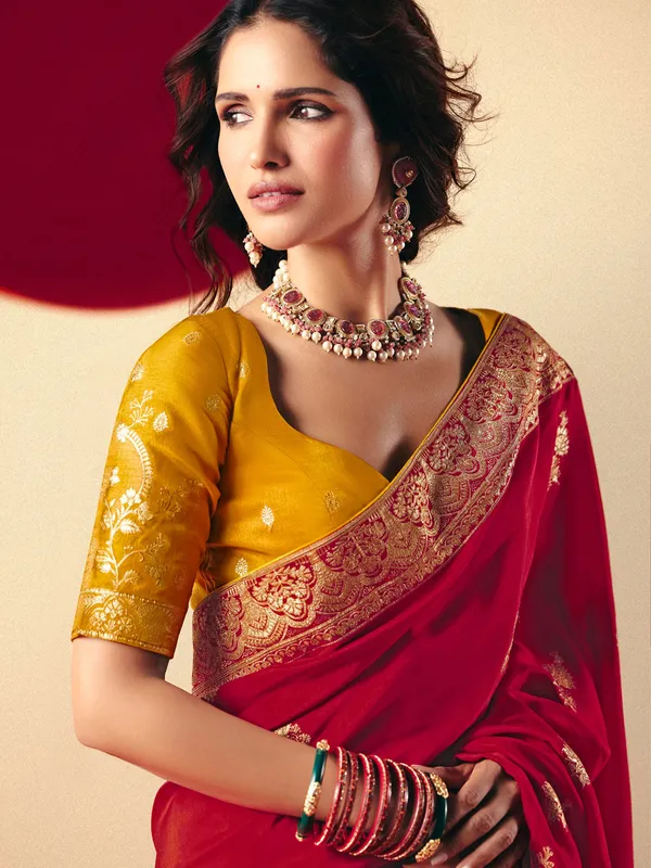 Attractive red  dola silk saree