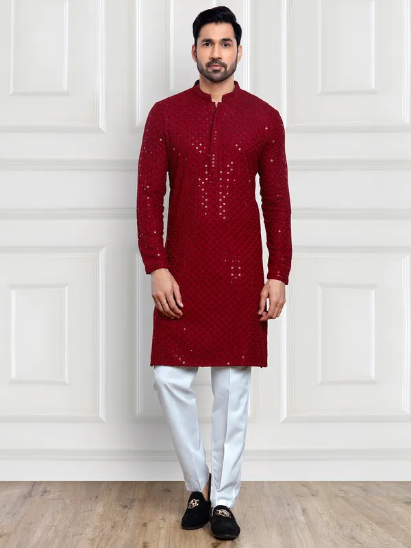 Attractive red embroidery  Men Kurta pajama