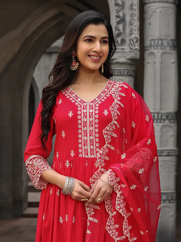 Attractive red silk kurti set with dupatta