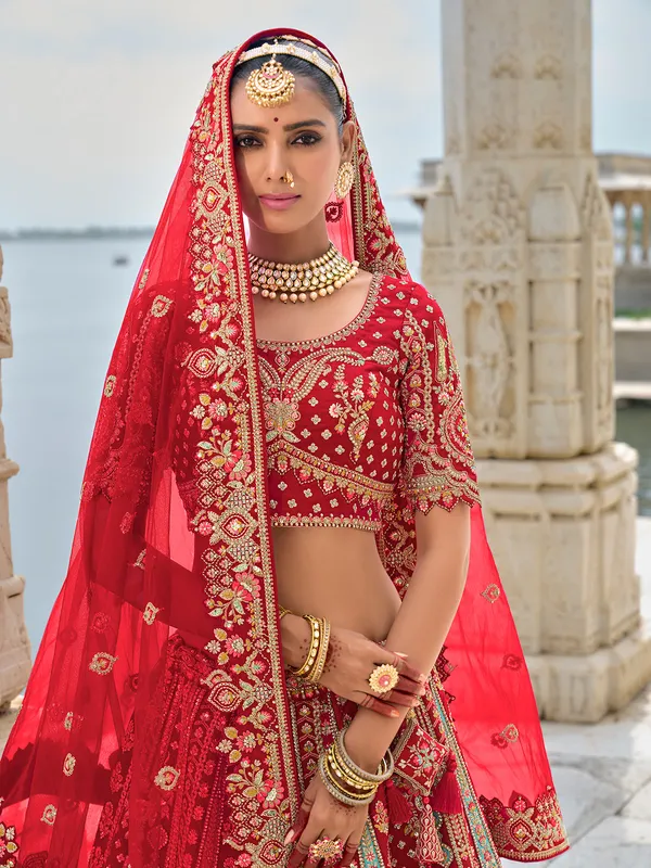 Attractive red unstitched lehenga choli in silk