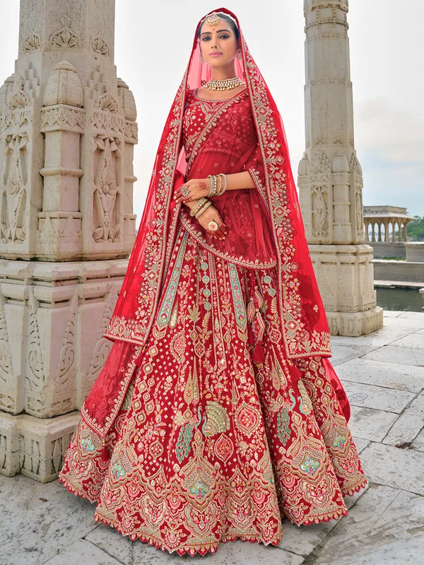 Attractive red unstitched lehenga choli in silk