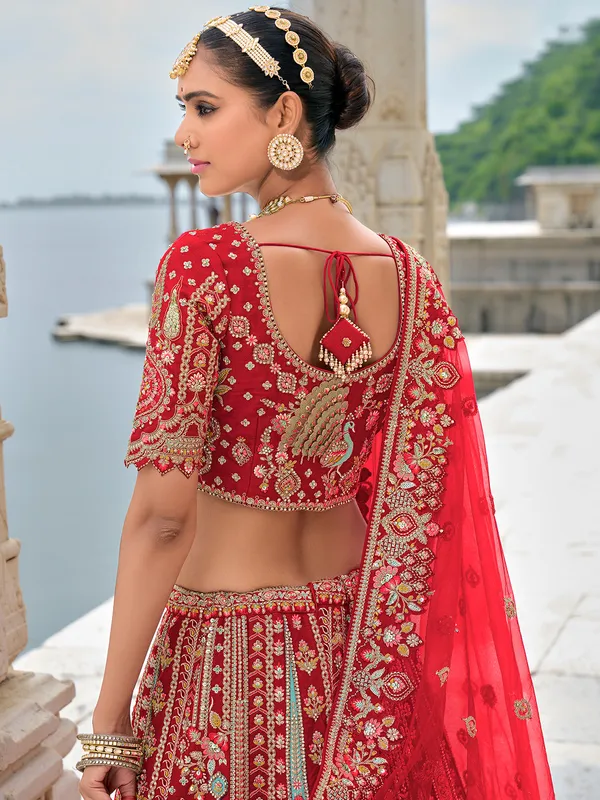 Attractive red unstitched lehenga choli in silk