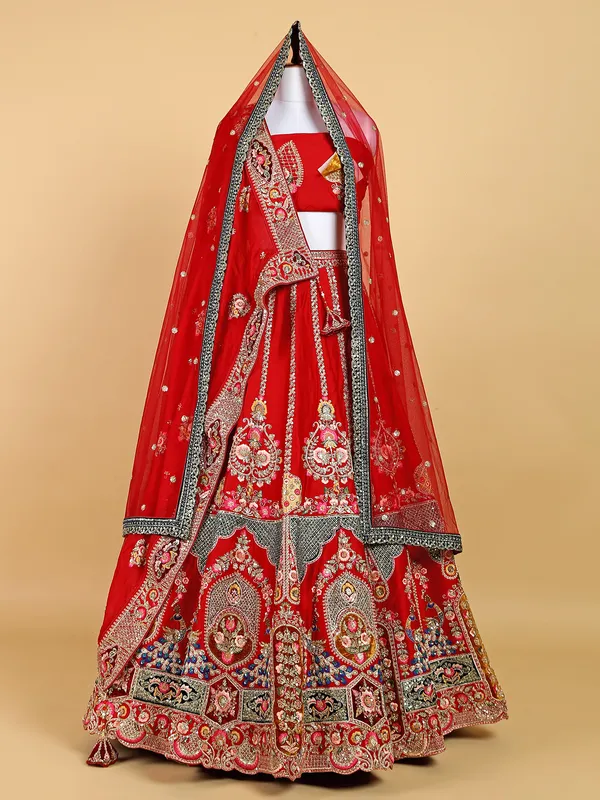 Attractive red unstitched silk lehenga choli