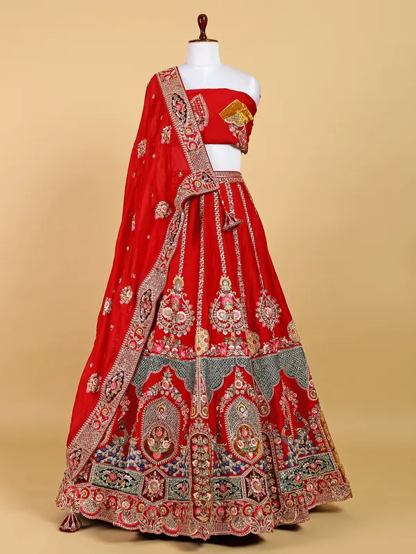 Attractive red unstitched silk lehenga choli