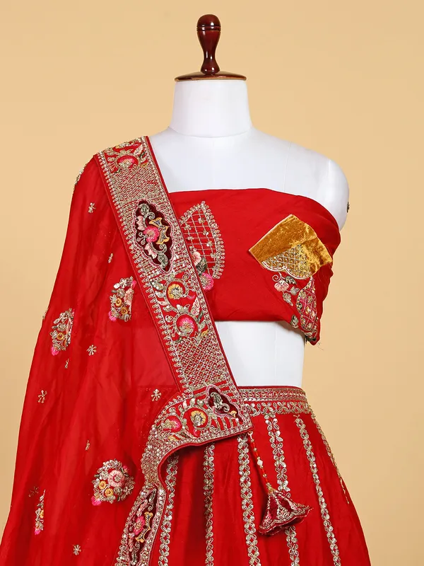 Attractive red unstitched silk lehenga choli