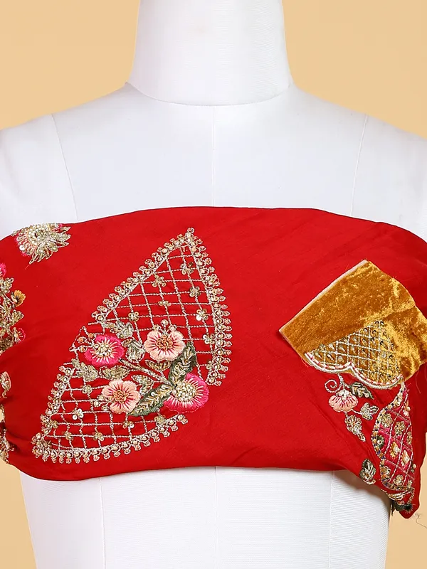 Attractive red unstitched silk lehenga choli