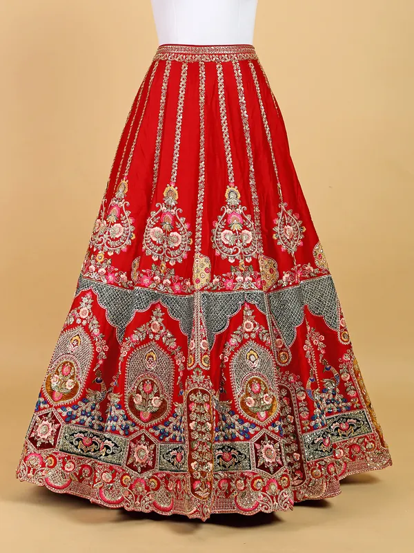 Attractive red unstitched silk lehenga choli