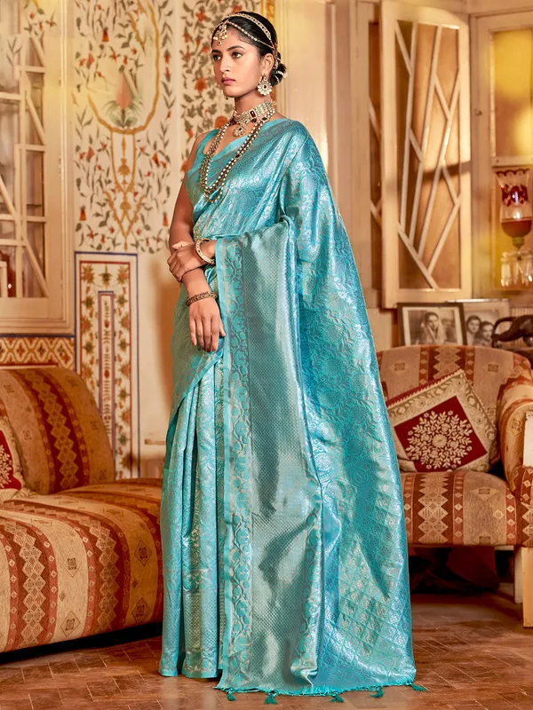 Attractive silk light blue wedding wear saree