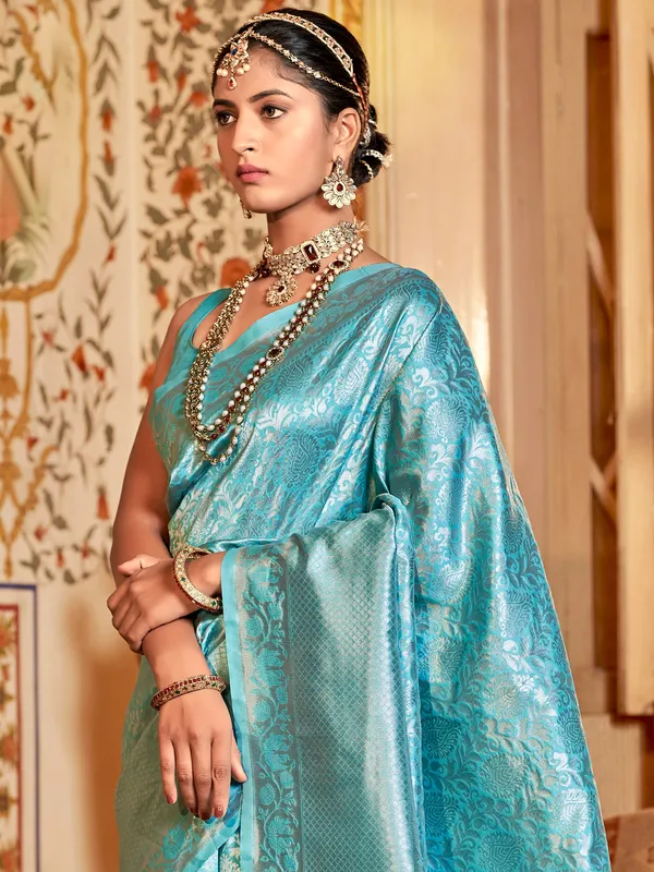 Attractive silk light blue wedding wear saree