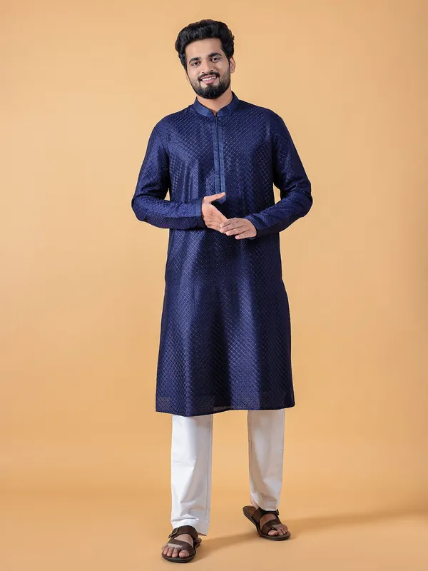 Attractive silk navy  Men Kurta pajama