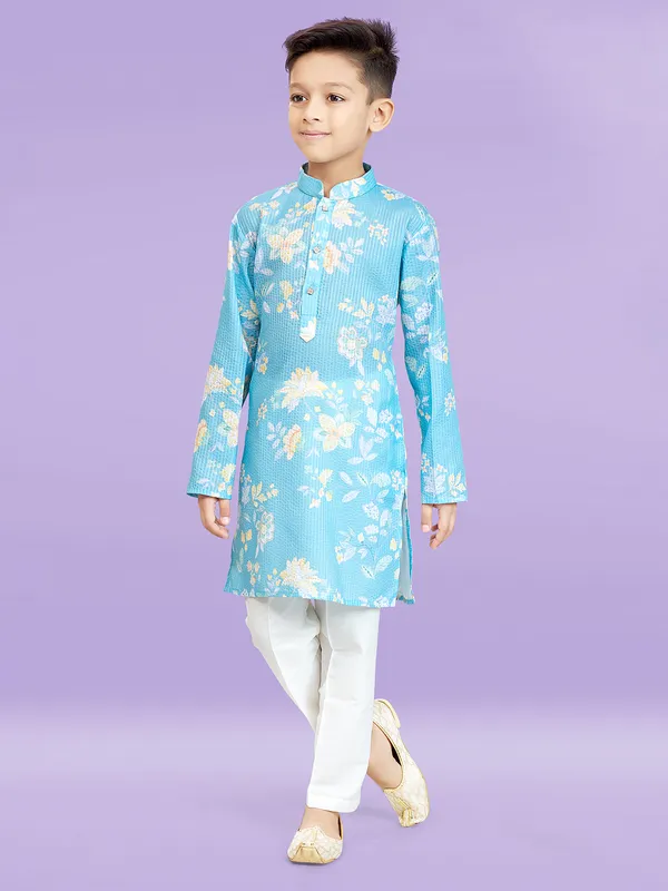 Attractive sky blue cotton silk kurta set for boys