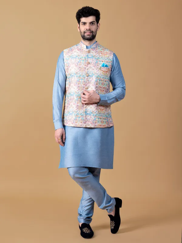 Attractive sky blue silk printed waistcoat set