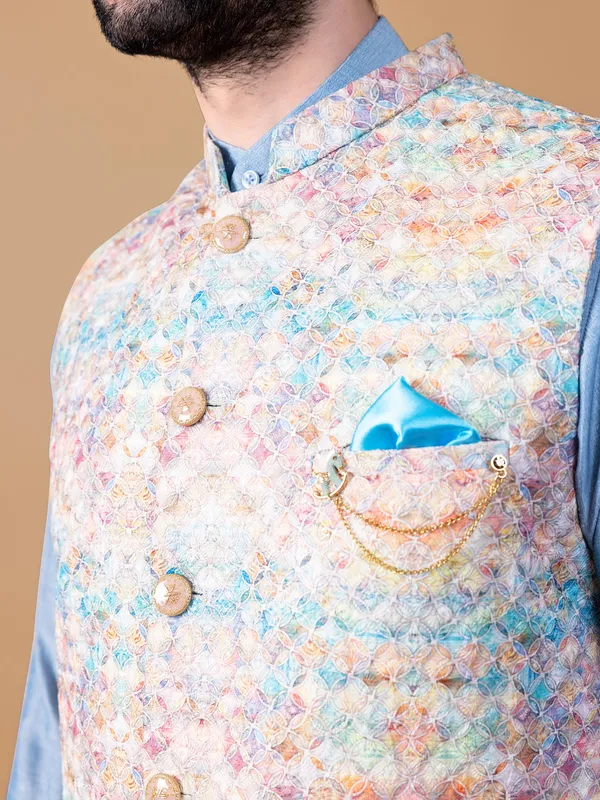 Attractive sky blue silk printed waistcoat set