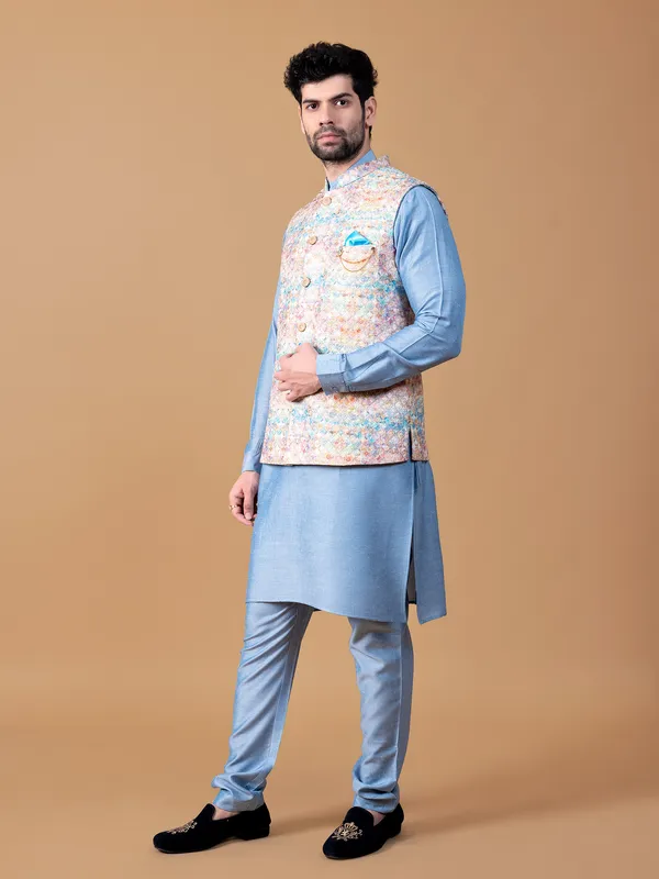 Attractive sky blue silk printed waistcoat set