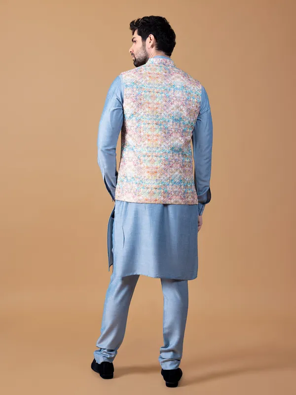 Attractive sky blue silk printed waistcoat set
