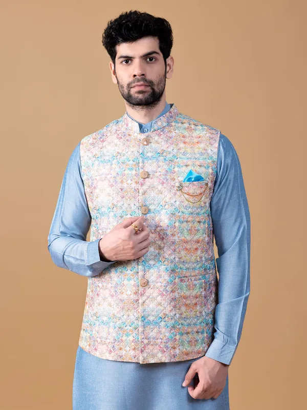 Attractive sky blue silk printed waistcoat set