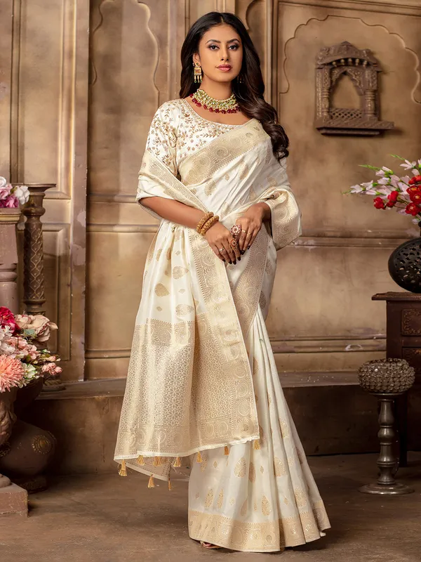 Attractive white dola silk saree