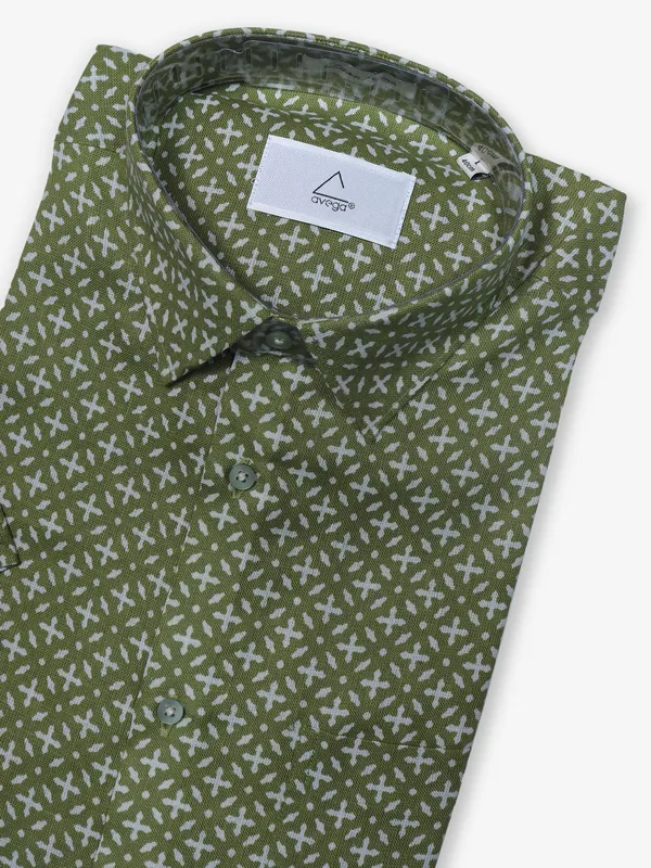 AVEGA green printed linen half sleeves shirt