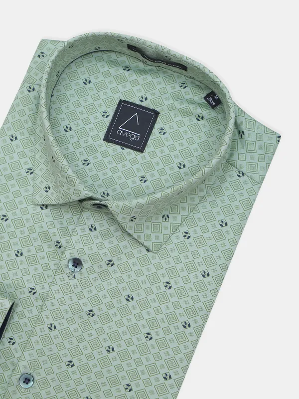 Avega presented pista green printed formal shirt in cotton