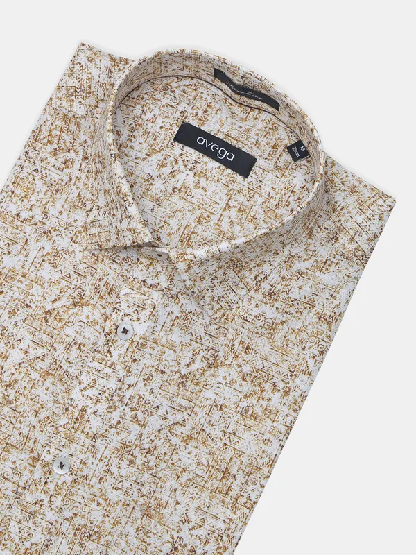 Avega printed brown linen slim fit cotton shirt