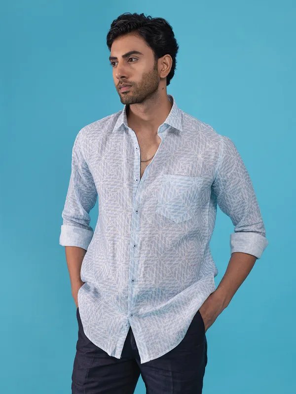 AVEGA printed sky blue linen shirt