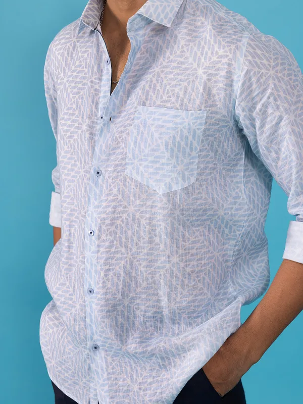 AVEGA printed sky blue linen shirt