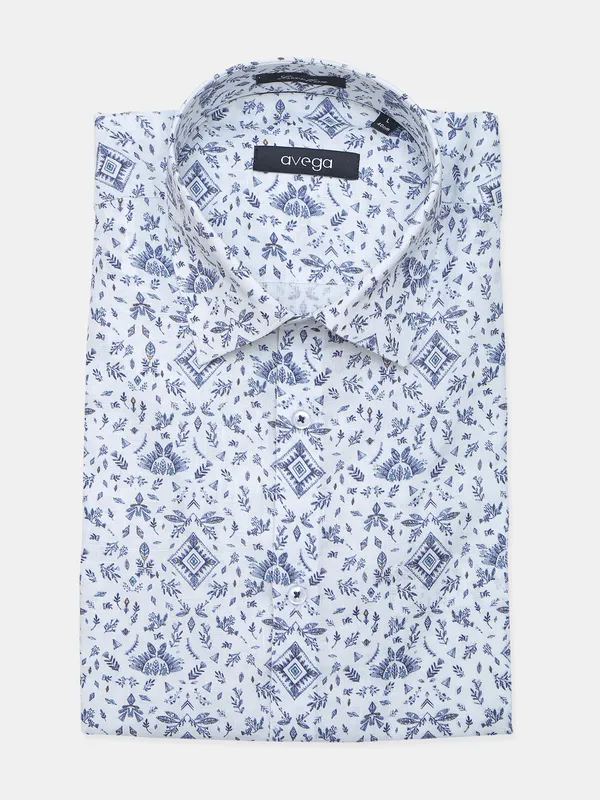 Avega printed white linen slim fit cotton shirt