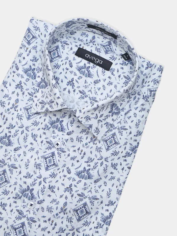 Avega printed white linen slim fit cotton shirt