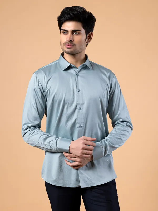 Avega stone blue color solid cotton fabric shirt