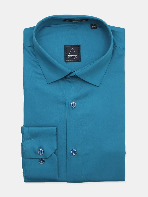 Avega teal blue solid cotton shirt