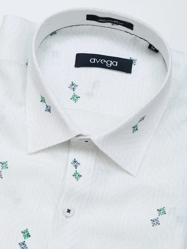 Avega white printed linen formal shirt