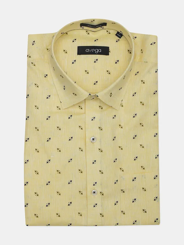 Avega yellow color printed slim fit linen shirt