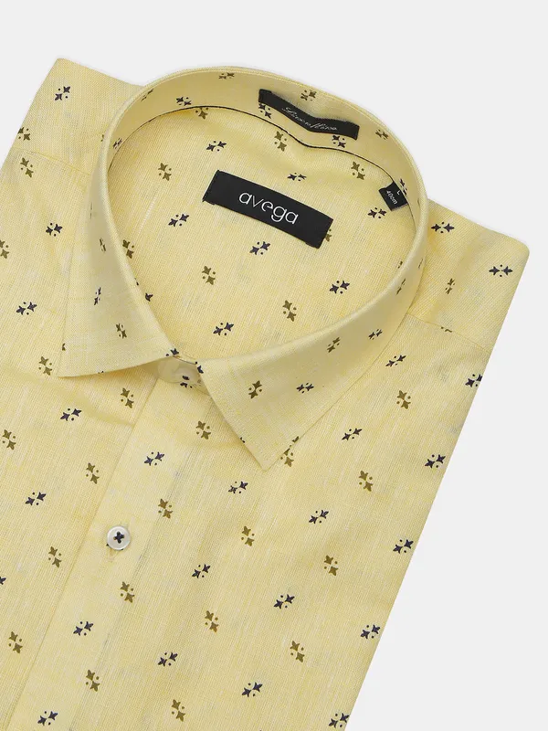 Avega yellow color printed slim fit linen shirt