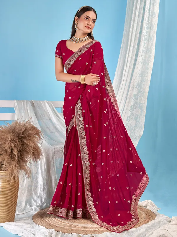 Awesome embroidery magenta georgette saree