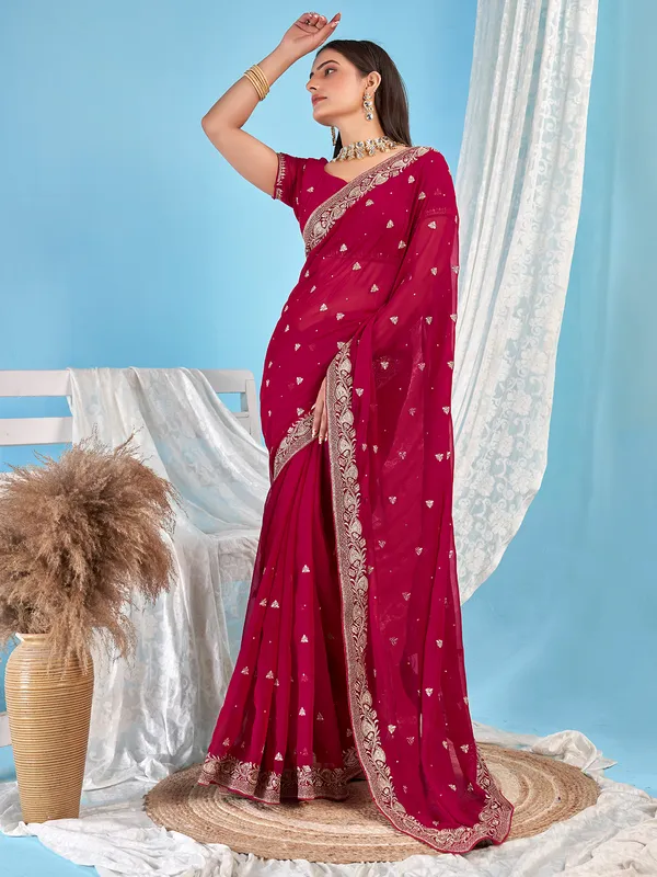Awesome embroidery magenta georgette saree