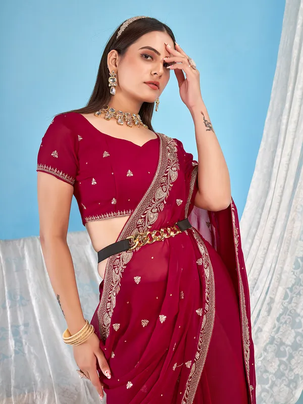 Awesome embroidery magenta georgette saree