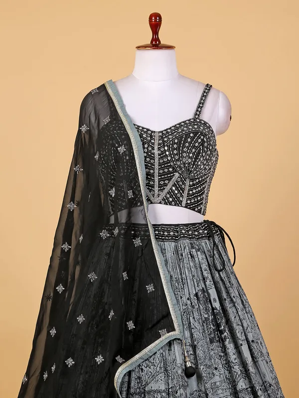 Awesome grey silk printed lehenga choli